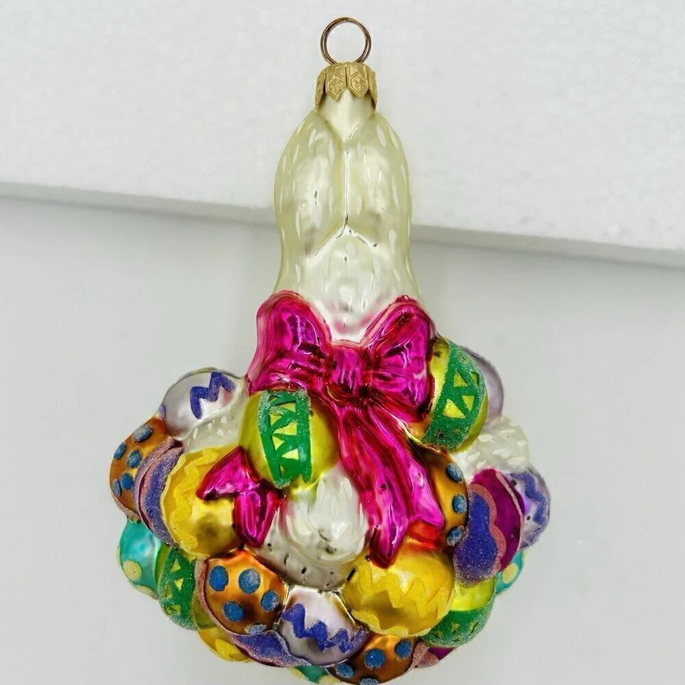 Vintage Christopher Radko Glass Ornament Hoppy Easter Bunny on Colorful Eggs 6x5